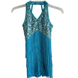 Weissman Showtime Dance Costume 10425 Size MC Blue Fringe Sequins Skating Tap
